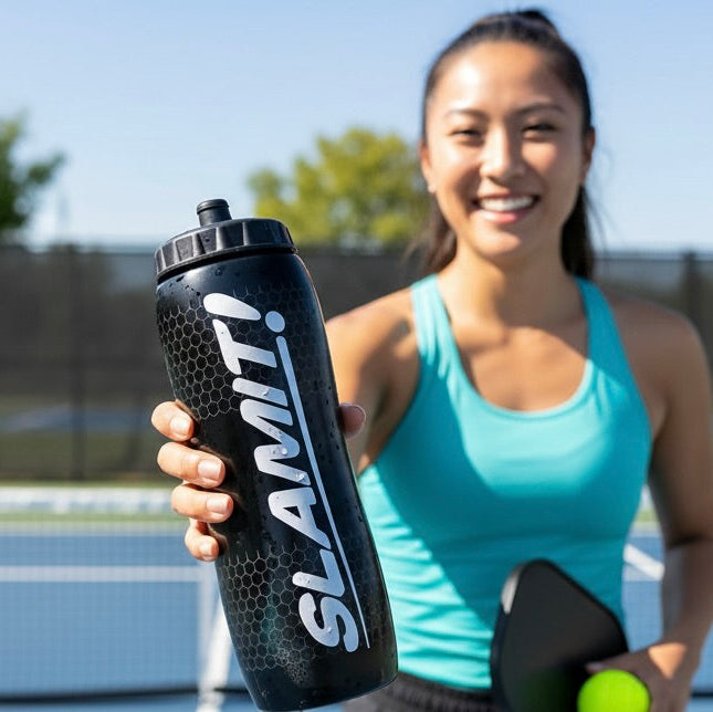 Woman holding a water bottle with 'SLAMMIT' branding on a pickleball court.