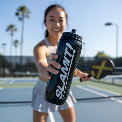 Person holding a black 'SLAM!' water bottle on a tennis court with palm trees in the background